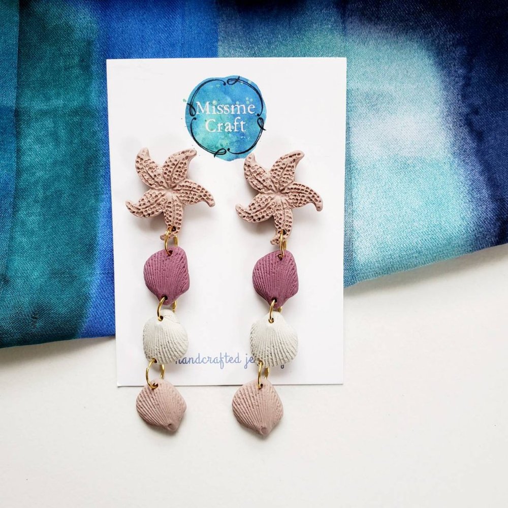Earrings Star fish Dangle Polymer clay Handmade